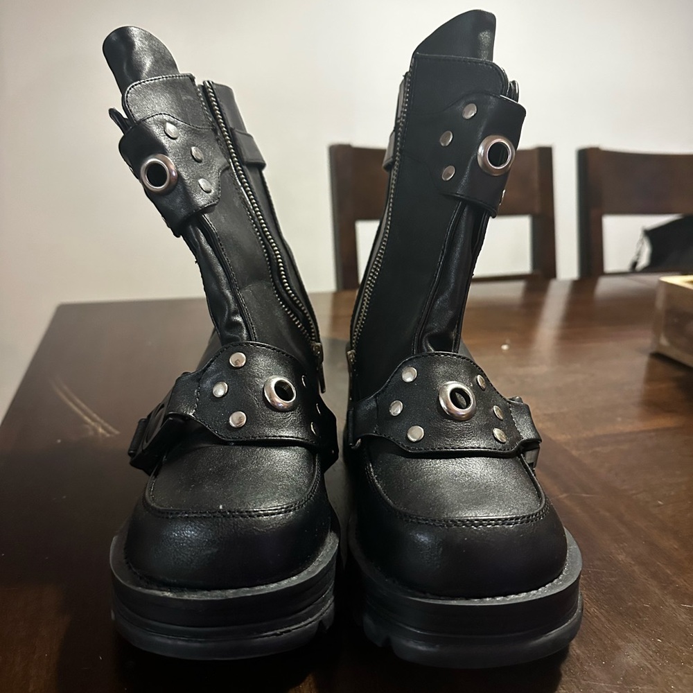 Demonia Black Heeled Boot with Silver Hardware
